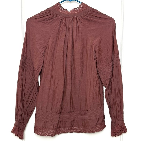 SEA NY Burgundy Cotton Lace Trim Puff Long Sleeve High Neck Oversized Top XS‎ - Picture 4 of 6